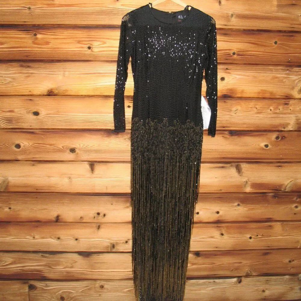 MAC DUGGAL Black Gold Size 4 Long Sleeve Beaded Fringe Evening Gown Maxi Dress - Picture 6 of 14